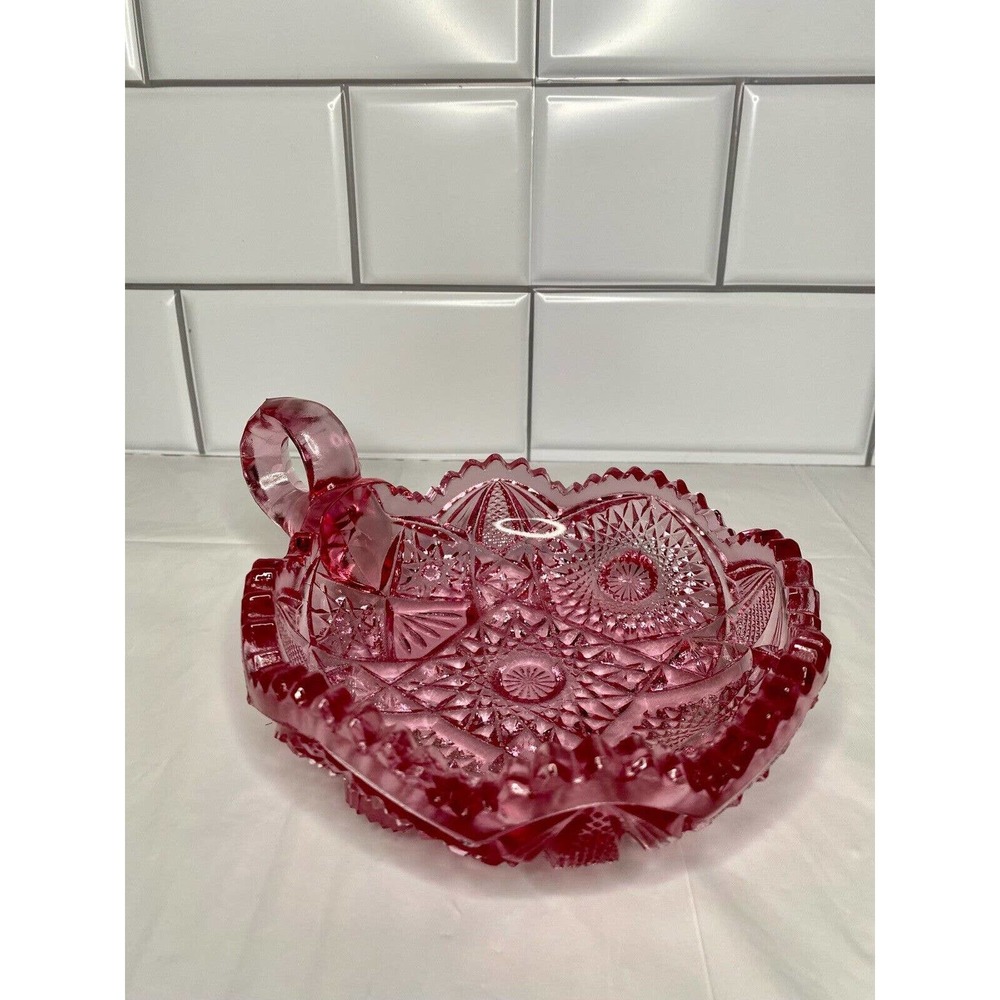 Vintage Viking Pink Glass Round Candy Dish Scalloped edges With Handle